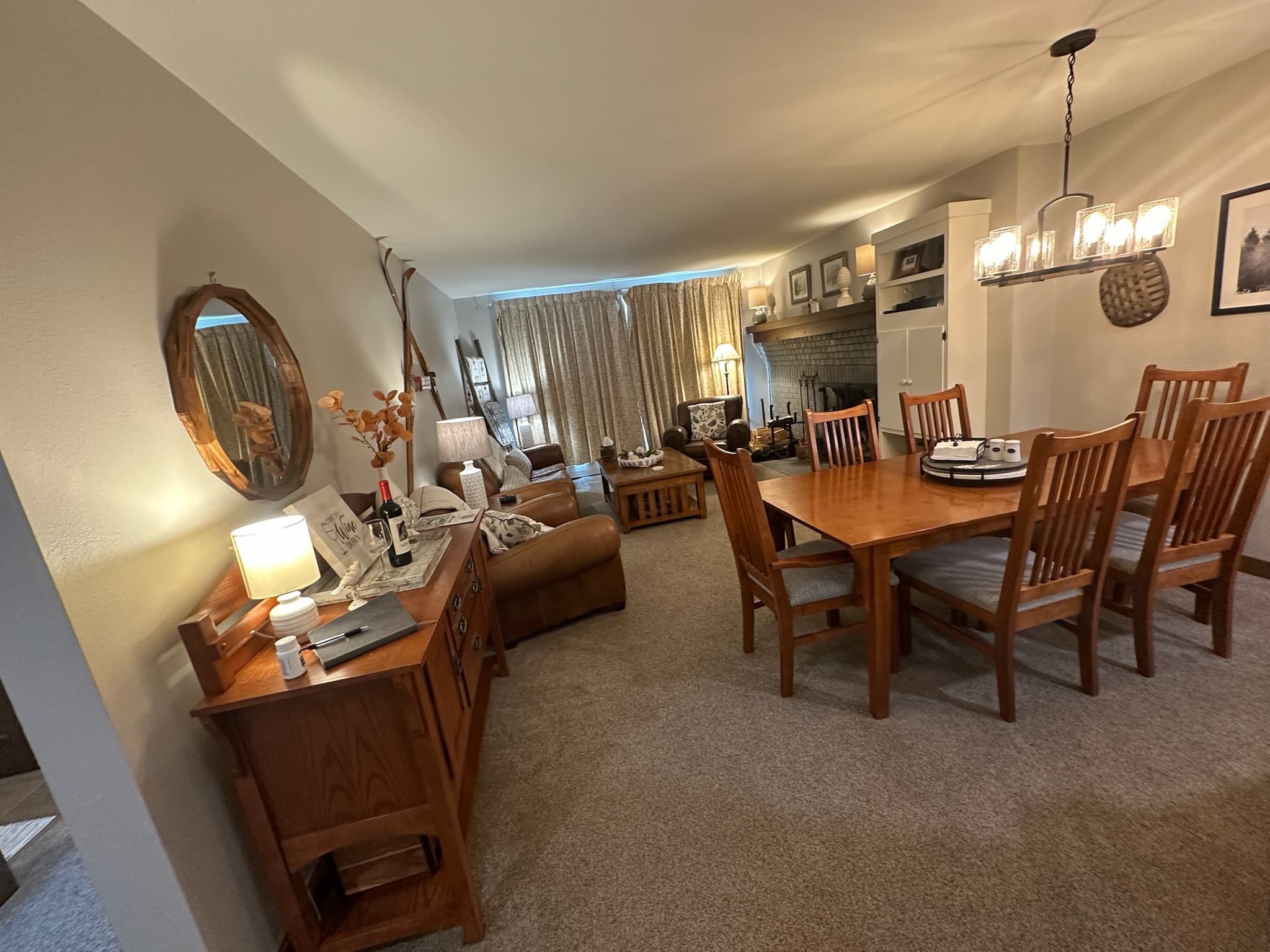 Living and dining area with fireplace